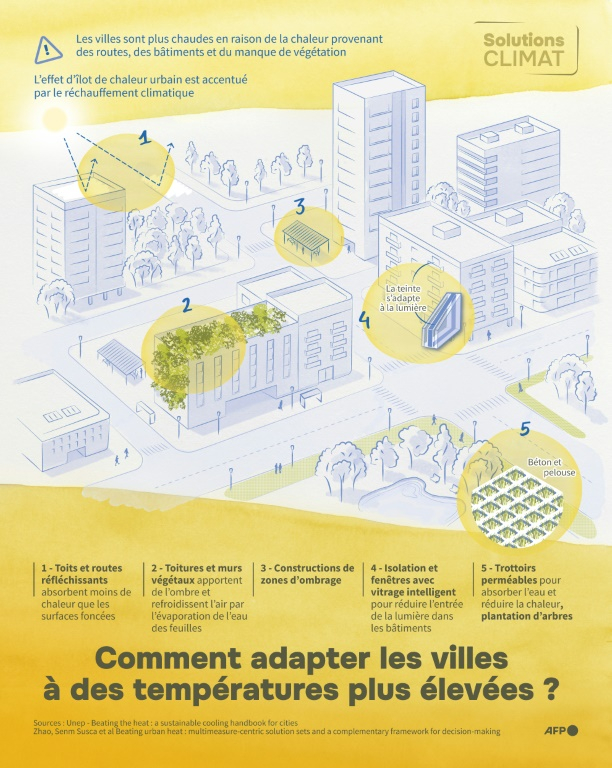 Infographie montrant les moyens clés avec lesquels les villes peuvent s'adapter à des températures plus élevées et à davantage de vagues de chaleur en raison du changement climatique ( AFP / Valentina BRESCHI )