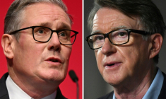 Le Premier ministre britannique Keir Starmer (à gauche), le 30 septembre 2025 à Liverpool, et l'ex-ambassadeur britannique à Washington Peter Mandelson, le 26 septembre 2021 à Brighton ( AFP / Oli SCARFF )