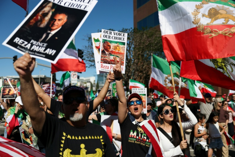 Des manifestants brandissent des pancartes en faveur de Reza Pahlavi, le fils de l'ancien chah d'Iran, et des drapeaux iraniens datant d'avant la Révolution islamique, lors d'une manifestation à Los Angeles, le 7 mars 2026 ( AFP / Patrick T. Fallon )