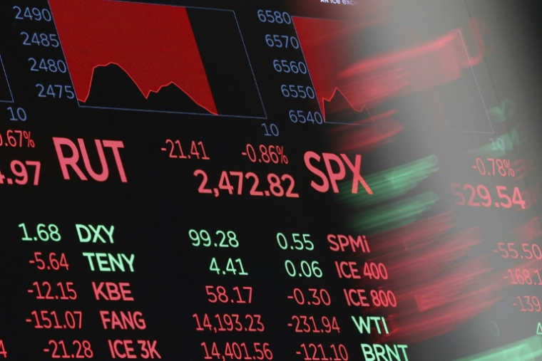 Stock market statistics are displayed on a screen at the New York Stock Exchange (NYSE) at the opening bell in New York on March 24, 2026. European and US stocks resumed sliding and oil prices jumped on Tuesday as traders turned cautious over the prospect of a negotiated agreement between the United States and Iran to end the Middle East war. ( AFP / ANGELA WEISS )