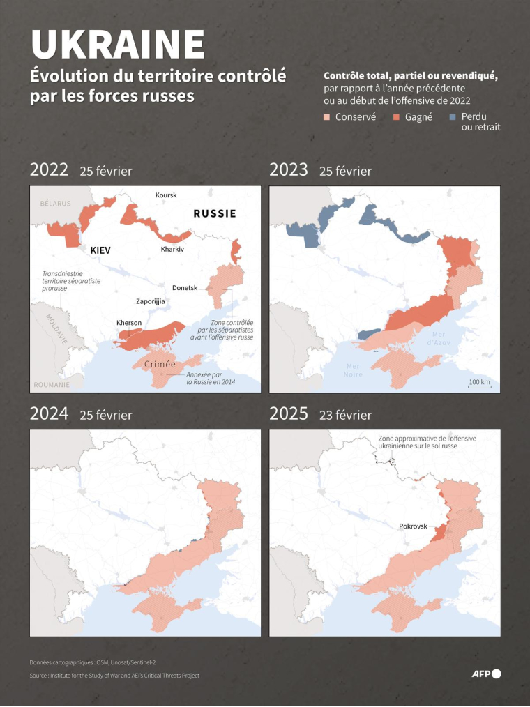 Cartes montrant l'évolution des zones contrôlées par les forces russes en Ukraine du 25 février 2022 au 23 février 2025, à partir des données de l'ISW ( AFP / Nalini LEPETIT-CHELLA )