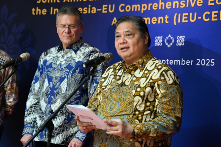 Le ministre indonésien de l'Economie, Airlangga Hartarto (d.), et le commissaire européen au commerce, Maros Sefcovic, s'expriment sur scène après avoir paraphé l'accord de libre-échange entre l'Indonésie et l'UE sur l'île indonésienne de Bali, le 23 septembre 2025 ( AFP / Sonny TUMBELAKA )