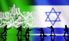 Illustration de soldats de plomb et les drapeaux du Hamas et d'Israël