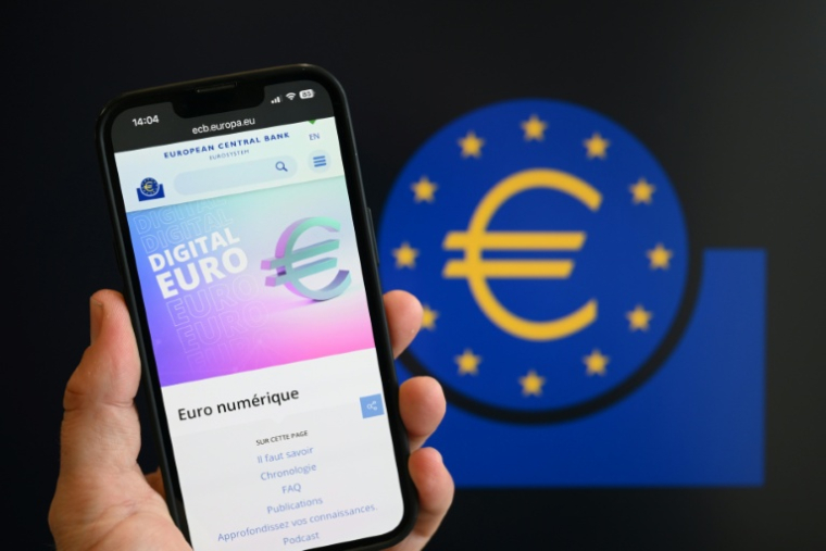 L'euro numérique, présenté comme une alternative européenne aux américains Visa et Mastercard pour les paiements électroniques, devrait franchir mardi une étape cruciale au Parlement européen ( AFP / Nicolas TUCAT )