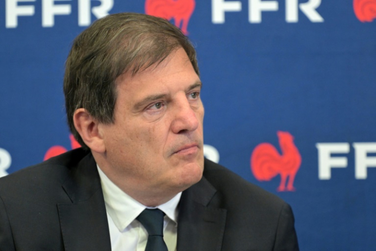 Le président de la fédération française de rugby, Florian Grill, lors d'une conférence de presse à Marcoussis (Essonne), le 16 juillet 2024 ( AFP / Bertrand GUAY )