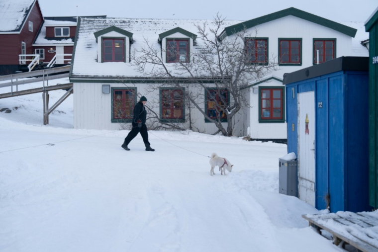 Une femme promène son chien dans le quartier du Vieux Nuuk, à Nuuk, au Groenland, le 16 janvier 2026 ( AFP / Alessandro RAMPAZZO )