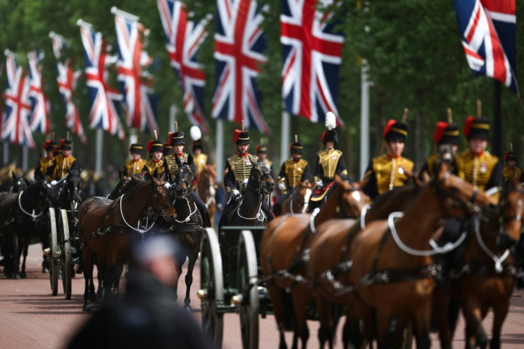 Défilé sur le Mall à Londres des forces armées britanniques pour célébrer le 80e anniversaire du jour de la Victoire en Europe, marquant la fin de la Seconde Guerre mondiale en Europe, le 5 mai 2025 ( POOL / HENRY NICHOLLS )
