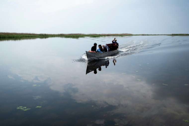 Des pêcheurs naviguent dans les marais de Hawizeh, dans le sud de l'Irak, le 26 avril 2026 ( AFP / HUSSEIN FALEH )
