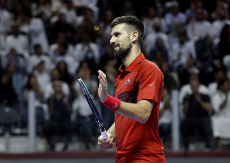 6 Kings Slam - Riyad, Arabie Saoudite - Le serbe Novak Djokovic célèbre sa victoire dans le match pour la troisième place contre l'espagnol Rafael Nadal