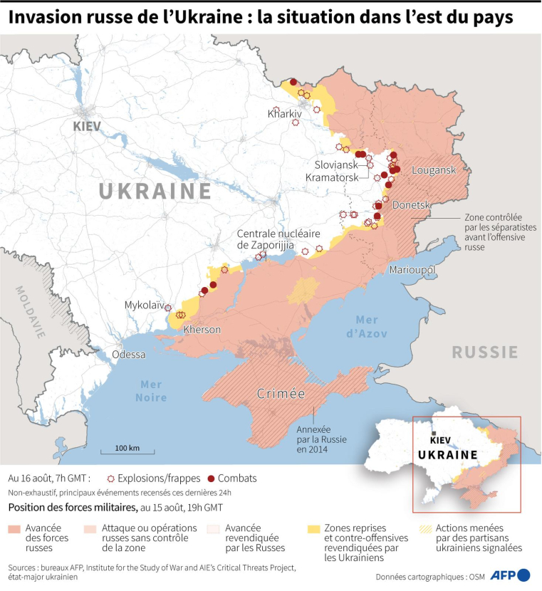 Carte de la situation en Ukraine au 16 août ( AFP / )