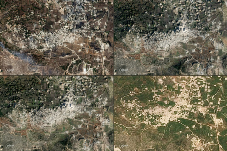 Combinaison d'images satellites fournies par Planet Labs PBC montrant Yaroun dans le sud du Liban, de gauche à droite du haut vers le bas, le 5 octobre 2024, le 10 janvier 2025, le 30 janvier 2025 et le 2 mai 2026 ( 2026 Planet Labs PBC / - )