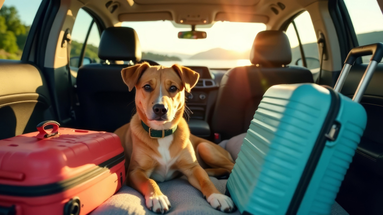 Comme ce chien, de nombreux animaux de compagnie prennent part aux vacances de leurs propriétaires. (crédit: Adobe Stock/photo générée par IA)