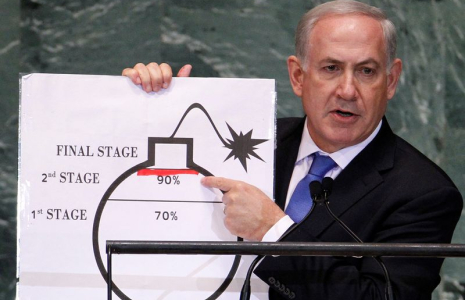 Le Premier ministre israélien Benjamin Netanyahu montre un graphique pour représenter le programme nucléaire iranien au siège de l'ONU à New York