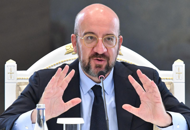 Le président du Conseil européen, Charles Michel à Bichkek, au Kirghizistan, le 3 juin. ( AFP / VYACHESLAV OSELEDKO )