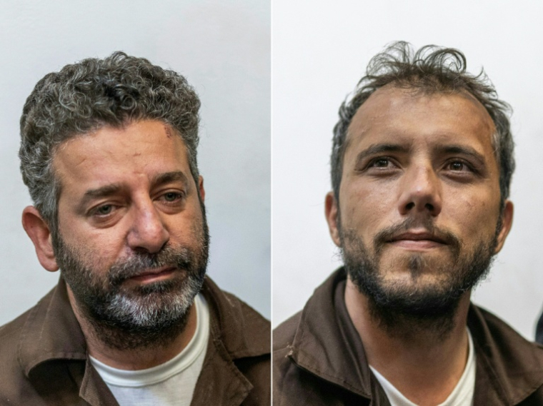 Photomontage réalisé le 9 mai 2026 des portraits du militant espagnol Saif Abu Keshek (G) et du Brésilien Thiago Avila  Keshek à leur arrivée au tribunal de la ville israélienne d'Ashkelon, le 5 mai 2026  ( AFP / ilia YEFIMOVICH )