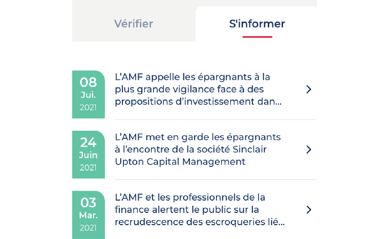 L'application regroupe les mises en garde publiées par l'AMF. Image tirée d'AMF Protect Epargne