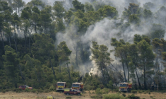 Des véhicules de pompiers près d'une zone forestière en feu à Saint-Laurent-de-la-Cabrerisse, dans l'Aude, le 7 août 2025 ( AFP / Idriss Bigou-Gilles )