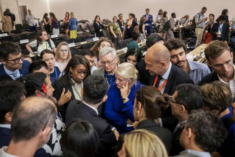 Des délégués de plusieurs gouvernements se concertent dans la grande salle des Nations Unies après l'annonce d'une extension dans la durée des négociations dans l'espoir de parvenir à un accord sur un texte de traité contre la pollution plastique, jeudi 14 aout 2025 à Genève  ( AFP / Fabrice COFFRINI )
