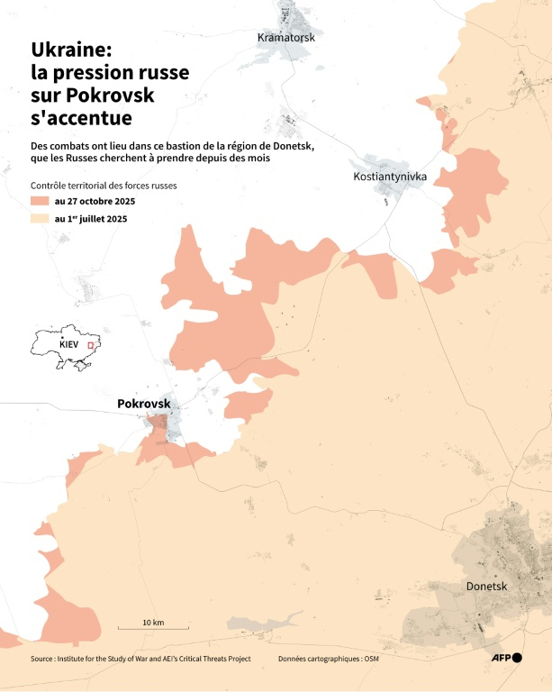 Carte montrant les zones contrôlées par les forces russes autour de l'agglomération de Pokrovsk, un bastion de la région de Donetsk que Moscou cherche à prendre depuis des mois, à partir des données fournies par l'ISW et le Critical Threats Project (CTP) ( AFP / Sylvie HUSSON )