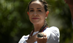 la cheffe de l'opposition au Venezuela, Maria Corina Machado, lors d'une manifestation à Caracas le 3 août 2024 ( AFP / Federico PARRA )