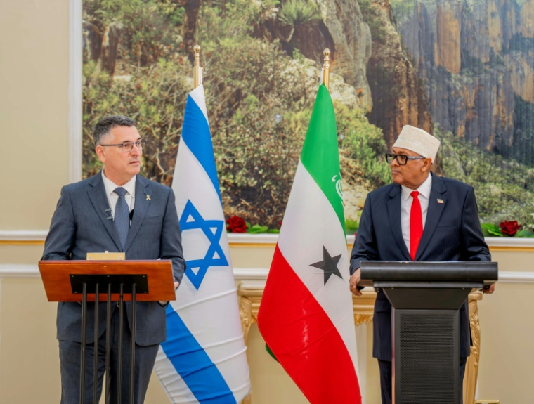 Le ministre israélien des Affaires étrangères, Gideon Saar (à gauche), reçu par le président du Somaliland, Abdirahman Mohamed Abdullahi, à Hargeisa, le 6 janvier 2026 ( Somaliland Presidential Office / - )
