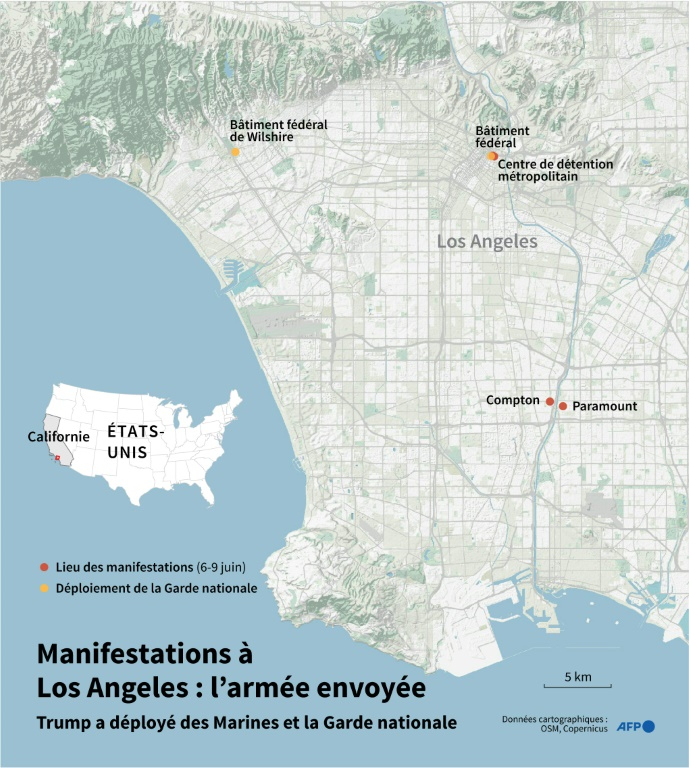 Carte de Los Angeles, aux Etats-Unis, montrant l'emplacement de manifestations dénonçant des raids de la police fédérale de l'immigration (ICE) contre les sans-papiers en juin 2025 et celui des unités de la Garde nationale déployées en réponse ( AFP / Omar KAMAL )