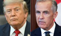 Cette combinaison de photos créée le 22 août 2026 montre, à gauche, le président américain Donald Trump à Washington, le 13 juillet 2026, et à droite le Premier ministre canadien Mark Carney le 22 août 2026 à Ottawa ( AFP / SAUL LOEB )