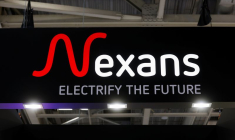Un logo de Nexans est visible sur son stand, au Rexel Expo, au centre d'exposition de la Porte de Versailles à Paris
