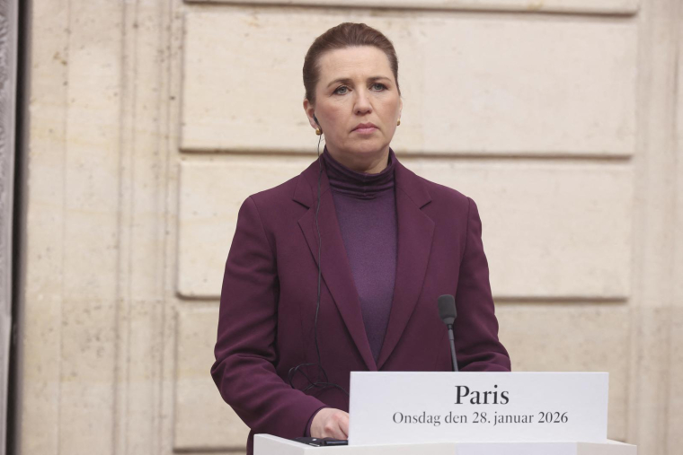 La Première ministre danoise Mette Frederiksen lors d'une conférence de presse au sujet du Groenland à l'Élysée, le 28 janvier 2026. ( POOL / THOMAS PADILLA )