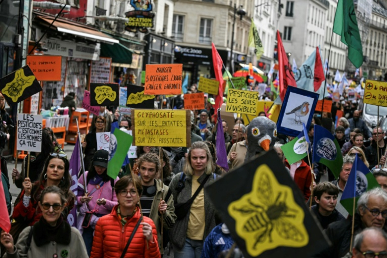 Des manifestants rassemblés pour l'édition 2026 de la "Marche pour un Printemps Bruyant" contre l'usage des pesticides, à Paris, le 4 avril 2026 ( AFP / Anna KURTH )