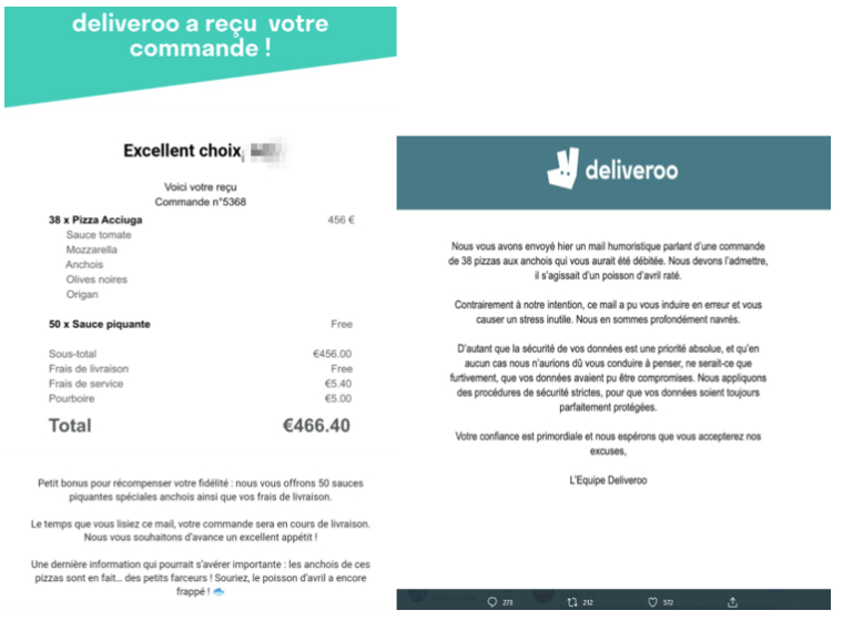 Une fausse commande à 460€ pour des pizzas... Deliveroo est dans la sauce ! - Crédits photos © DR : Huffington post & Twitter de Deliveroo