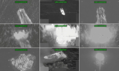 Combinaison d'images tirées d'une vidéo publiée le 15 décembre 2025 par l'armée américaine montrant des frappes meurtrières contre trois navires dans l'océan Pacifique ( US Southern Command / Handout )