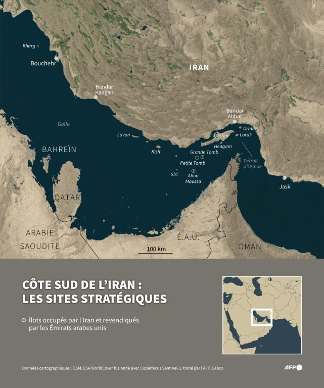 Carte montrant les sites stratégiques à proximité ou sur la côte sud de l'Iran ( AFP / Omar KAMAL )