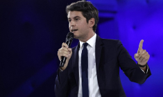 Gabriel Attal, lors d'un meeting de Valérie Hayer à Aubervilliers, le 1er juin 2024 ( AFP / STEPHANE DE SAKUTIN )