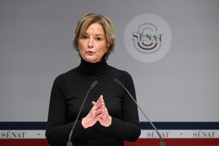 La sénatrice Elisabeth Doineau s'adresse à la presse au Sénat, à Paris, le 28 février 2023 ( AFP / Stefano Rellandini )