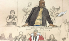 Croquis d'audience de l'ex-rebelle congolais Roger Lumbala, au premier jour de son procès à Paris, le 12 novembre 2025, pour des crimes commis dans l'est de la RDC en 2002-2003 ( AFP / Benoit PEYRUCQ )