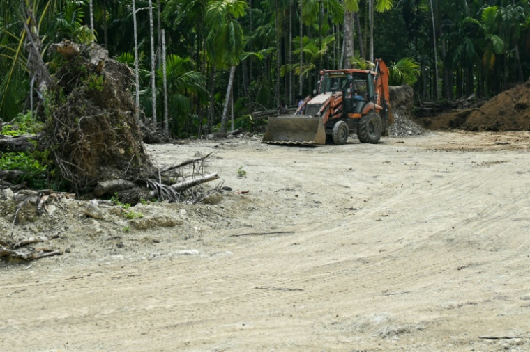 Une pelleteuse procède à des opérations de déblayage sur des terres forestières dans le cadre de grands travaux sur l'île de Grande Nicobar, dans l'archipel indien des Andaman-et-Nicobar, le 26 mars 2026  ( AFP / R. Satish BABU )