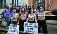 Quatre féministes des "Femen" ont manifesté contre la fermeture de la maternité des Lilas ( AFP / Bertrand GUAY )