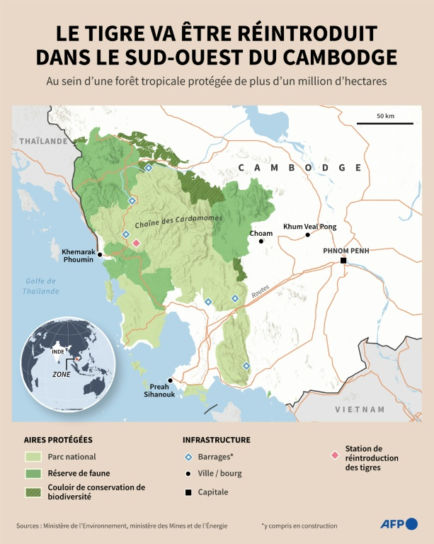 Carte montrant la chaîne des Cardamomes, forêt tropicale protégée du sud-ouest du Cambodge où l'Inde va envoyer des tigres ( AFP / John SAEKI )