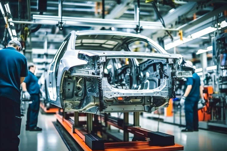 "La France, dans son processus de désindustrialisation entamé dans les années 2000, a centré son industrie sur un niveau de gamme moyen avec des prix à la vente élevés L'un des secteurs industriels symboliques de cette évolution est le celui de l'automobile." (Crédits: Adobe Stock / image générée par IA)