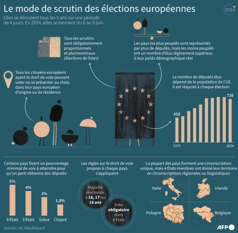 Caractéristiques du mode de scrutin des élections européennes, du 6 au 9 juin 2024. ( / JULIE PEREIRA, HERVÉ BOUILLY / AFP )