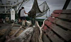 Des membres d'équipage de l'Itsas-Bellara vident un filet rempli de déchets à bord de leur bateau, le 8 septembre 2026 au large de Saint-Jean-de-Luz, dans les Pyrénées-Atlantiques ( AFP / Philippe LOPEZ )