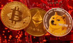 Illustration montre les crypto-monnaies Bitcoin, Ethereum et DogeCoin