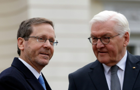 Le président allemand Frank-Walter Steinmeier (d) accueille son homologue israélien Isaac Herzog au palais présidentiel de Bellevue, à Berlin, le 16 février 2024 ( AFP / Odd ANDERSEN )