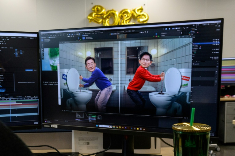 Un dessin animé élaboré par la chaîne SBS pour la soirée électorale montre les candidats à la présidentielle en Corée du Sud Lee Jae-myung (gauche) et Kim Moon-soo débouchant des toilettes, le 22 mai 2025 à Séoul ( AFP / ANTHONY WALLACE )