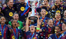Les Barcelonaises sacrées championnes d'Europe après leur succès contre l'OL Lyonnes en finale, le 23 mai 2026 à Oslo ( AFP / Odd ANDERSEN )