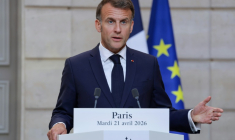 Le président Emmanuel Macron lors d'une conférence de presse conjointe avec le Premier ministre libanais à l'issue de leur rencontre au palais de l'Élysée à Paris, le 21 avril 2026 ( POOL / Ludovic MARIN )