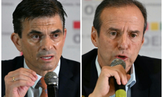 (COMBO) Ce montage de photos d'archives réalisé le 14 octobre 2025 montre le candidat à la présidence de la Bolivie pour le Parti démocrate-chrétien (PDC), Rodrigo Paz (g), s'exprimant lors d'une conférence de presse avant le dernier débat présidentiel à l'hôtel Real Plaza de La Paz, le 12 octobre 2025, et le candidat à la présidence pour l'Alliance Liberté et Démocratie (Libre), Jorge "Tuto" Quiroga, lors d'une conférence de presse tenue au même endroit le même jour ( AFP / Aizar RALDES )