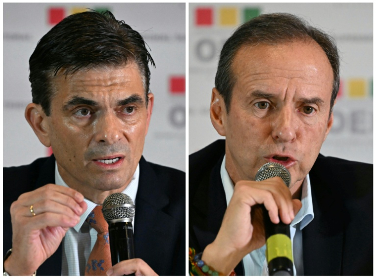(COMBO) Ce montage de photos d'archives réalisé le 14 octobre 2025 montre le candidat à la présidence de la Bolivie pour le Parti démocrate-chrétien (PDC), Rodrigo Paz (g), s'exprimant lors d'une conférence de presse avant le dernier débat présidentiel à l'hôtel Real Plaza de La Paz, le 12 octobre 2025, et le candidat à la présidence pour l'Alliance Liberté et Démocratie (Libre), Jorge "Tuto" Quiroga, lors d'une conférence de presse tenue au même endroit le même jour ( AFP / Aizar RALDES )