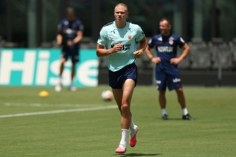 L'attaquant vedette de la Norvège Erling Haaland, à l'entraînement, le 9 juillet 2026 à Fort Lauderdale en Floride ( AFP / PATRICIA DE MELO MOREIRA )